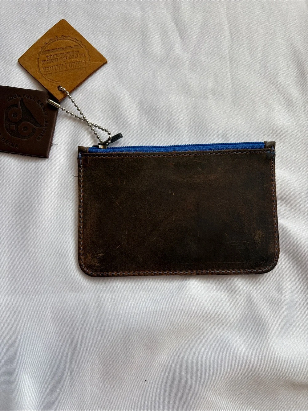 Brown Leather Zip Wallet with Blue Zipper